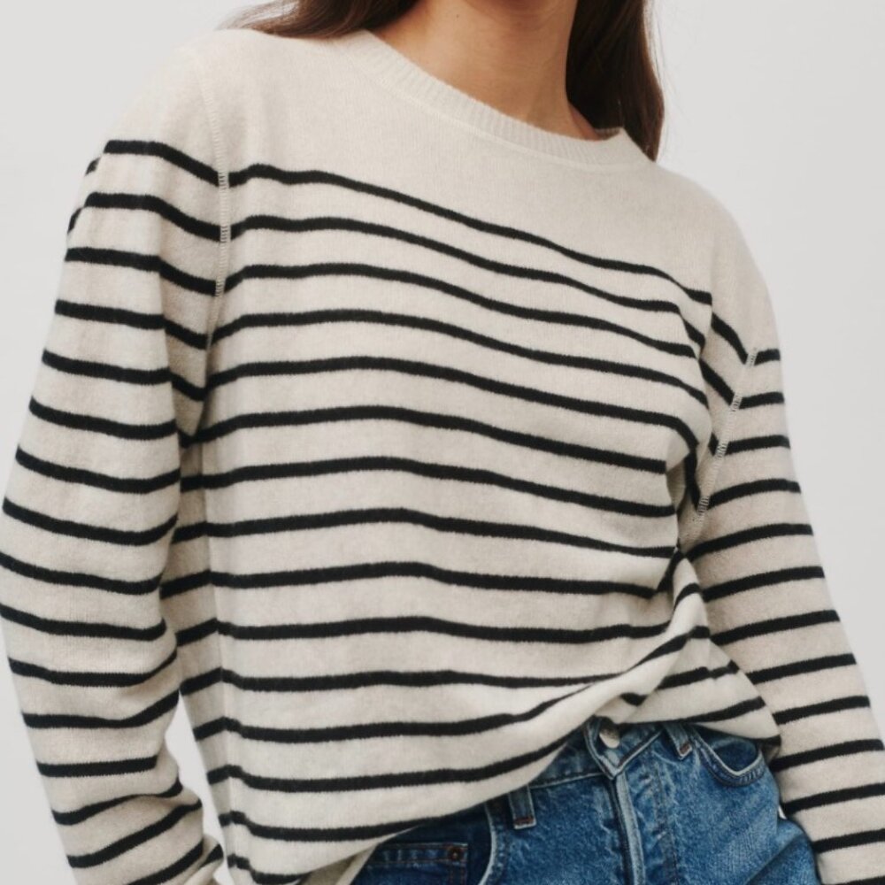 Reformation Cashmere Boyfriend Sweater, Gossamer Black Stripe, Size Small